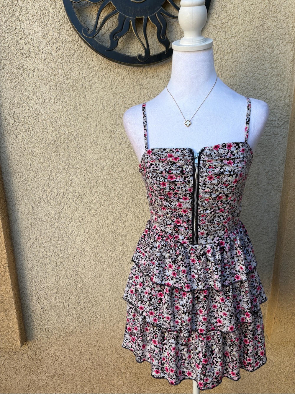 Ruby Rox Floral Tiered Mini Dress Y2K Front Zip Ruffle Coquette Cottagecore